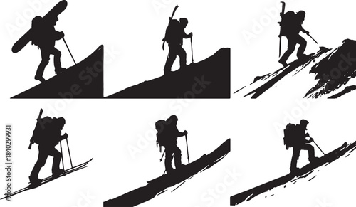 Black Solid Backcountry Steep Ridge Hike Silhouettes Set of Six on White Background