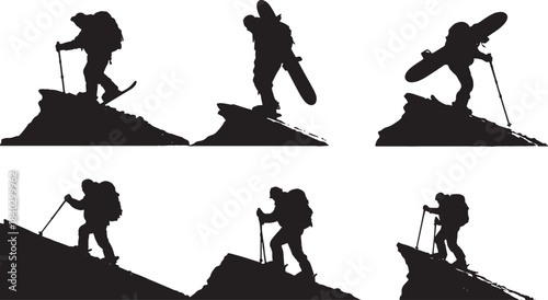 Black Solid Backcountry Steep Ridge Hike Silhouettes Set of Six on White Background