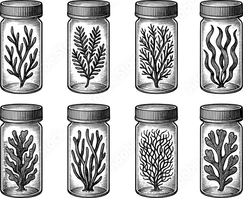 Intricate botanical jars with seaweed and coral in engraved style