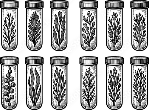 Herbarium in vintage jars: botanical collection with old-style engravings