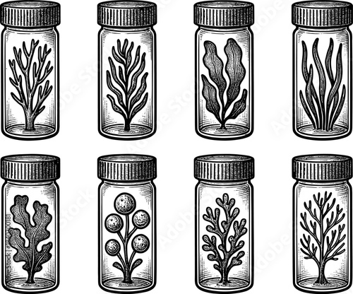 Vintage botanical sketch: intricate seaweed specimens in glass jars