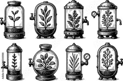 Vintage botanical terrariums with intricate plant illustrations inside glass jars