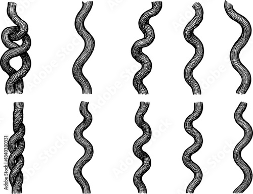 Set of hand-drawn rope patterns with twists and braids in vintage style