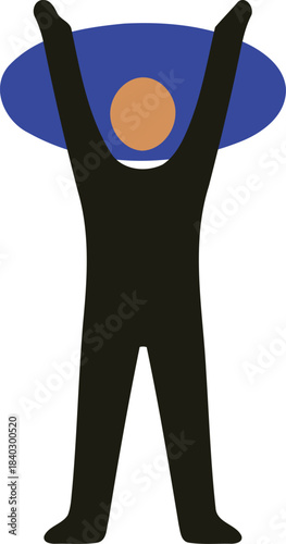 Abstract silhouette of a person with arms raised in celebration or triumph holding a blue disc above their head with an orange circle in the center