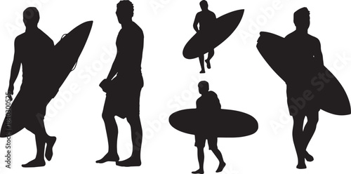 Black Solid Board Carrying and Walking Styles Silhouettes Set of Six on White Background