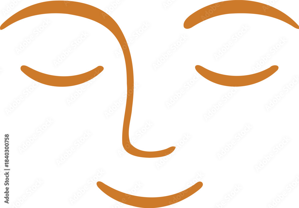 Naklejka premium A minimalist abstract illustration of a serene face with closed eyes and a gentle smile rendered in warm orange lines on a clean white background evoking peace and tranquility
