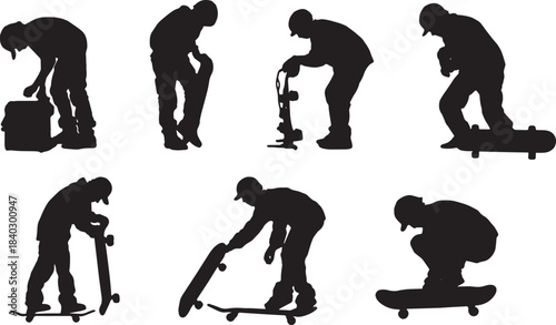 Black Solid Skateboard Maintenance and Preparation Silhouettes Set of Six on White Background
