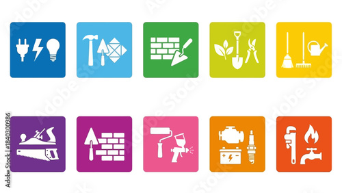 Skilled Trade Icons for Construction and Maintenance – Visual Symbols for Electrical, Plumbing, Carpentry, Painting, Landscaping, Automotive, and Janitorial Services in Color-Coded Grid