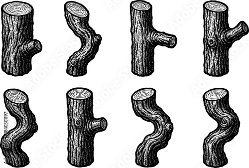 Engraved tree branch collection: detailed black and white wood designs