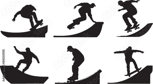 Black Solid Bowl Axle Grind and Stalls Silhouettes Set of Six on White Background