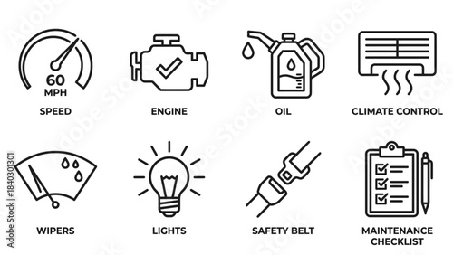 8 Essential Car Dashboard Icons – Black-and-White Line Symbols for Speed, Engine, Oil, Air Conditioning, Wipers, Headlights, Seatbelt, and Vehicle Inspection