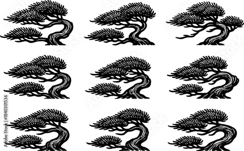 Elegant black and white silhouette of bonsai trees in different poses