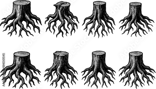 Vintage stump and roots collection: engraved botanical sketch set