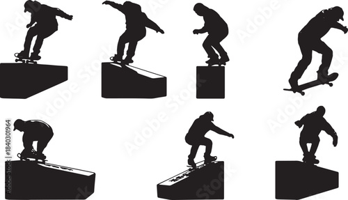 Black Solid Box Slides and Presses Tricks Silhouettes Set of Six on White Background