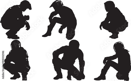 Black Solid Rider Break Stretching and Gear Off Silhouettes Set of Six on White Background