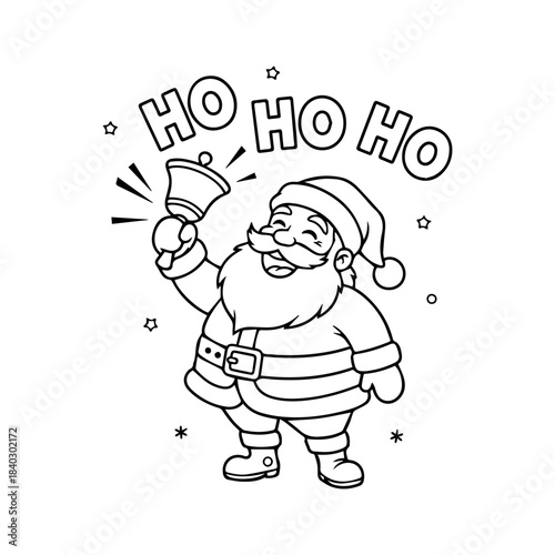 Jolly santa claus ringing bell line art illustration for coloring book isolated on white background
