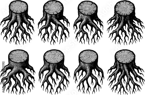 Vintage tree stump with roots patterns in black and white