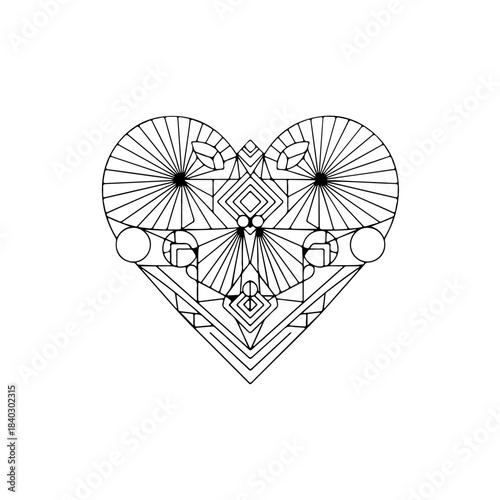 Abstract heart with intricate geometric art deco pattern. monochrome line art illustration of love symbol for design projects. isolated on transparent background