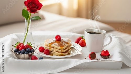 Valentine's Day breakfast tray with pancakes, berries, and coffee served in heart-shaped mug.  AI generated.
 