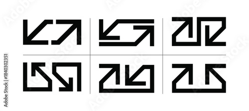 Geometric angular arrow maze pattern in black and white.