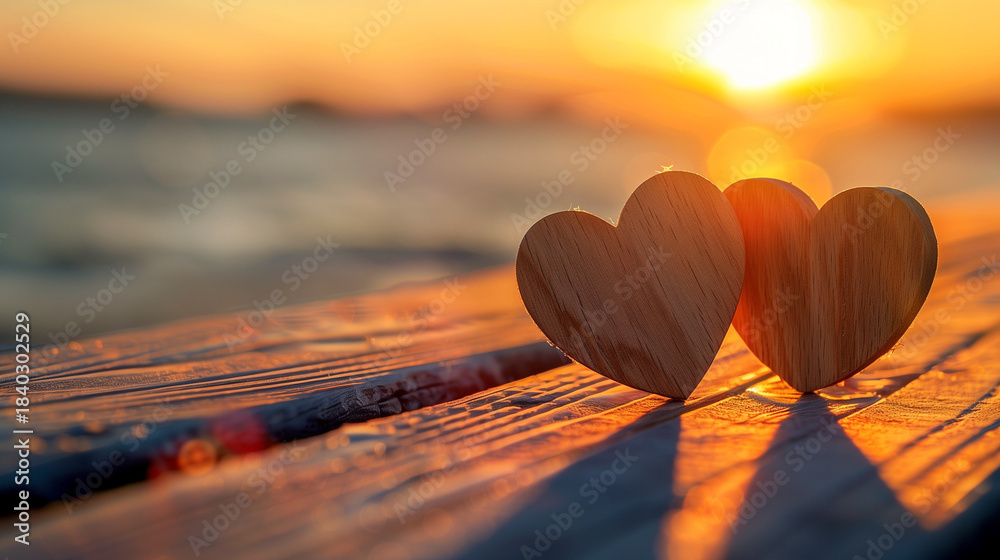Fototapeta premium Two wooden hearts on the boardwalk at sunset, glowing softly as the sun sets, with calm water shimmering in the background, creating a peaceful, romantic scene.