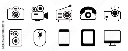 Device line editable icons set. Containing computers,
smart phones, speaker and more. Vector
illustration