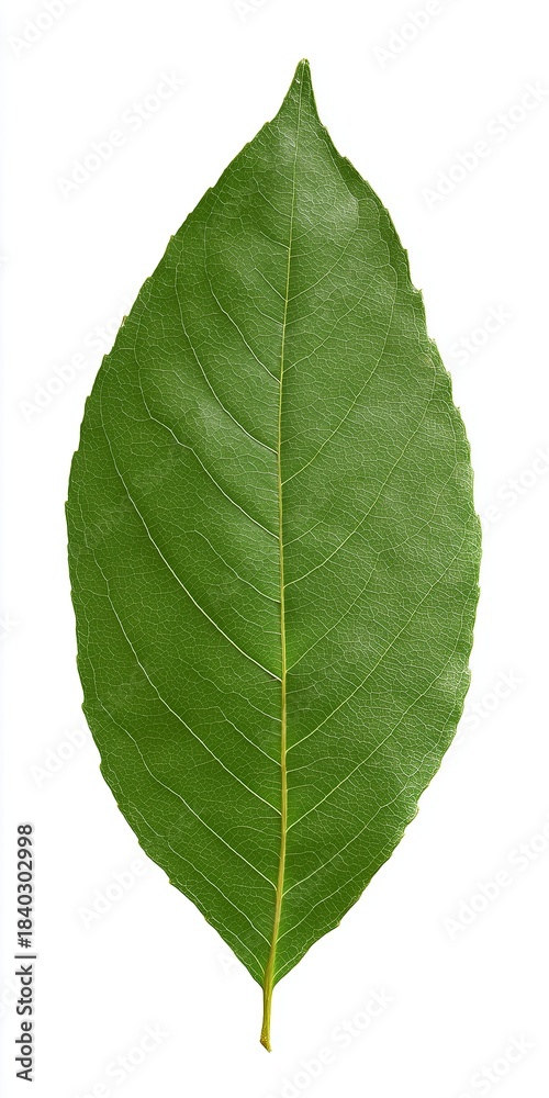 Fototapeta premium Realistic complete pear leaf isolated on solid bright white background with focused lighting, showing fine veins and natural green texture, ideal for botany education, eco design and fresh fruit conce