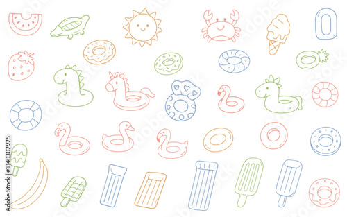  Vector illustration of various colorful inflatable pool toys and summer icons.