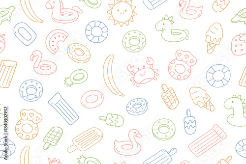 Colorful vector illustration featuring a seamless pattern of summer doodles including inflatables, ice creams, and fruits. Perfect for summer-themed designs and projects.