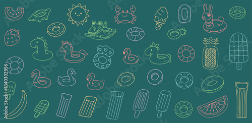A vibrant vector illustration featuring inflatable pool toys in a doodle style. It features flamingos, unicorns, and donuts in bright, cheerful outlines on a dark turquoise background.