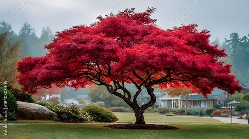 Magnificent Japanese maple tree with blazing red foliage stands on a manicured green lawn under soft overcast light in a park landscape.