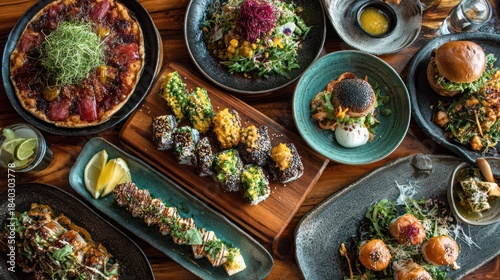 Overhead shot of a diverse table spread with various gourmet dishes, vibrant and appetizing