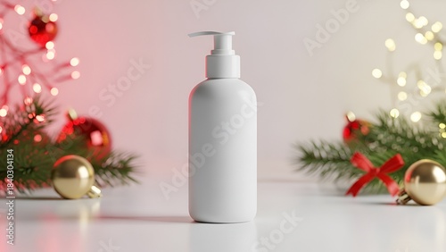 White Cosmetic Pump Bottle with Christmas Decorations and Festive Lights