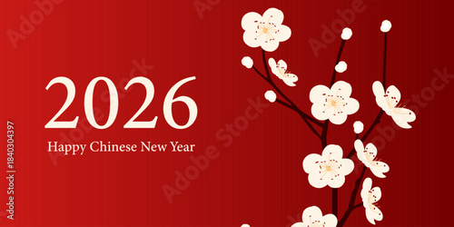 Chinese New Year greeting banner with plum blossom with traditional red background. Vector illustration	