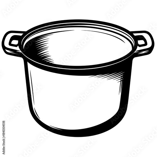Cooking pot with handles in black and white illustration  