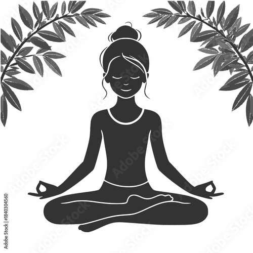 Woman meditating in lotus position surrounded by leaves  