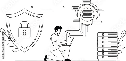 Cybersecurity concept with man, laptop shield, and data protection