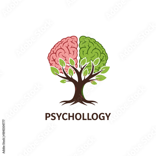 Conceptual illustration of a split brain tree with pink and green hemispheres, representing psychology and growth isolated on transparent background