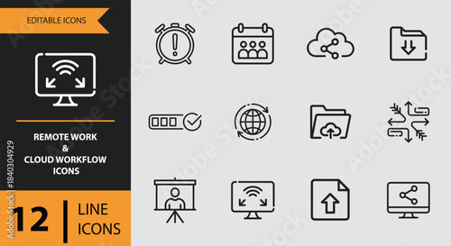 12 Remote Work and Cloud Workflow Icons outline icon set. remote office cloud collaboration outline icons