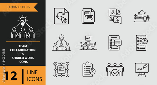 12 Team Collaboration and Shared Work Icons outline icon set. team workflow shared workspace outline icons