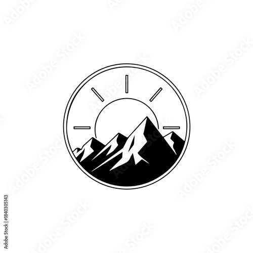 Outline illustration of majestic mountain peaks with a rising sun and radiating sun rays, encased in a circular emblem, black and white art isolated on transparent background