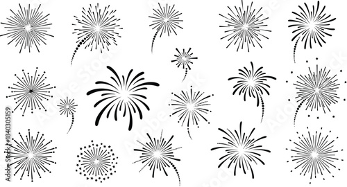 Collection of stylized black and white firework burst icons