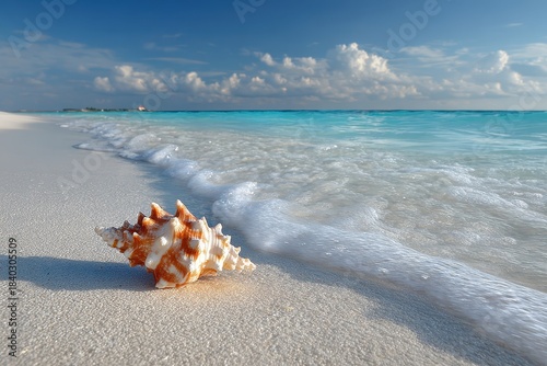 Seashell on white sand beach with turquoise water and beautiful sky. Perfect for vacation, travel, or summer-themed projects and designs.