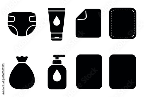 Baby care essentials icons: diaper, lotion, wipes, bag, soap, and changing pad