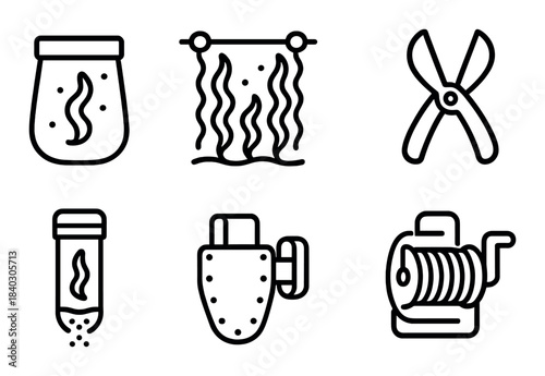 Fish processing tools icon set with lure, hook, bait, scissors, and net symbols