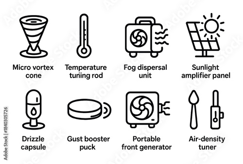 Innovative weather control icons: vortex, temperature, fog, sunlight, drizzle, gust, portable, air