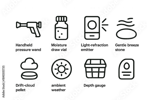 Collection of unique symbols featuring tools and elements on gold background