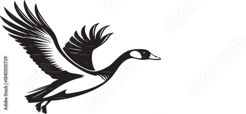 A striking black and white illustration of a goose in flight