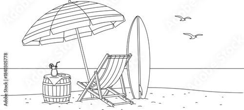 Beach relaxation setup with umbrella, chair, surfboard, and drink outline