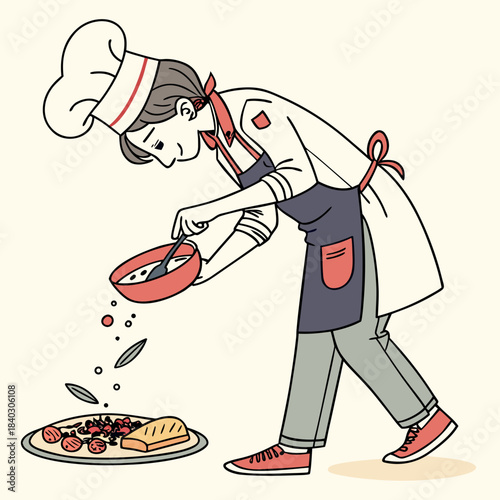 Cartoon chef adding ingredients to a prepared plate of food